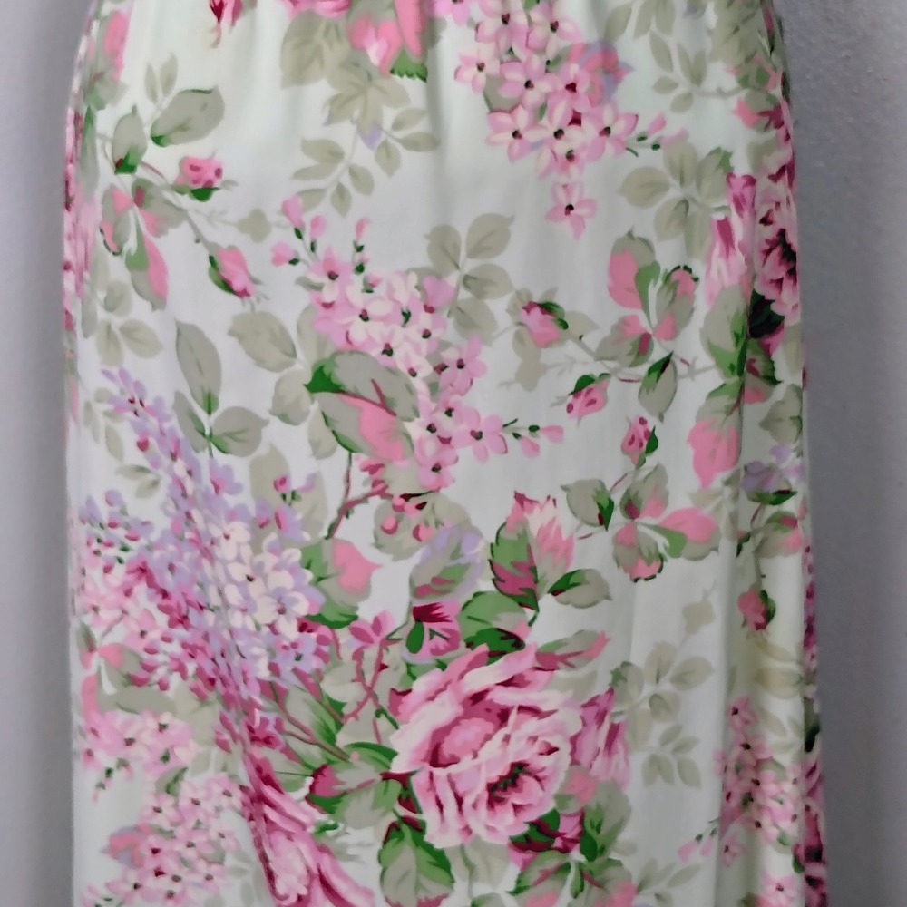 Vintage Floral Maxi Skirt Pink Roses Mint Green Elastic Waist Long Skirt - Picture 3 of 5